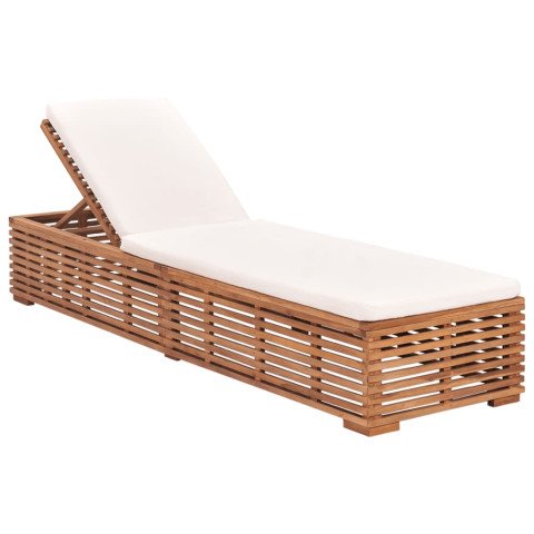 Transat chaise longue bain de soleil lit de jardin terrasse meuble d'extérieur 200 cm avec coussin bois de teck solide crème helloshop26 02_0012438