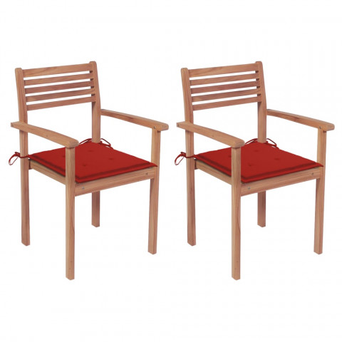 Chaises de jardin 2 pcs avec coussins rouge bois de teck massif