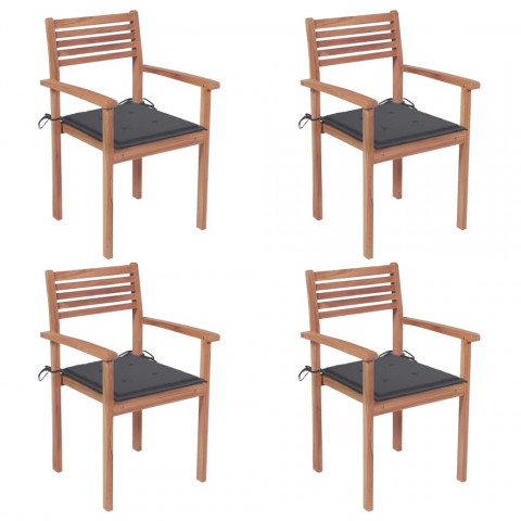 Chaises de jardin 4 pcs avec coussins anthracite teck solide