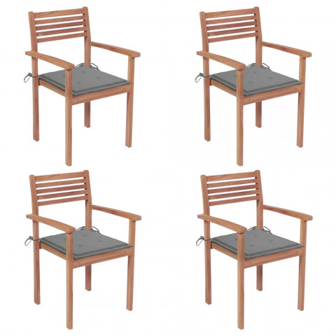 Chaises de jardin 4 pcs avec coussins gris bois de teck solide