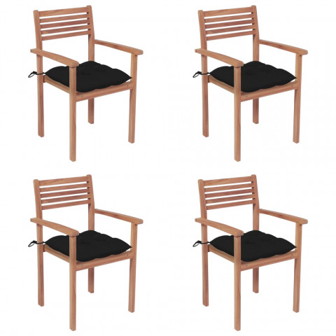 Chaises de jardin 4 pcs avec coussins noir bois de teck solide