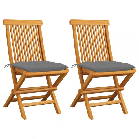 Chaises de jardin avec coussins gris 2 pcs bois de teck massif