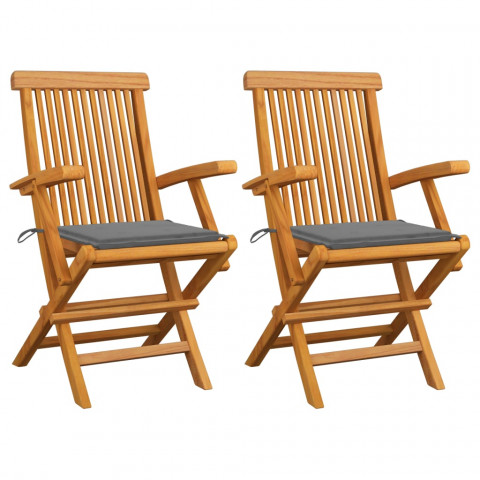 Chaises de jardin avec coussins gris 2 pcs bois de teck massif