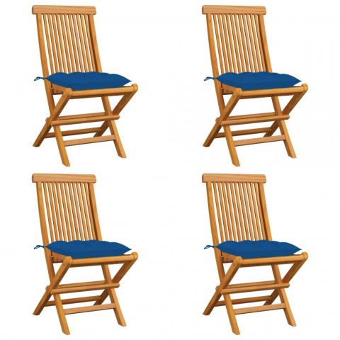 Chaises de jardin avec coussins bleu 4 pcs bois de teck massif