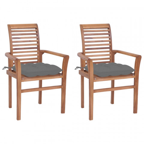 Chaises à dîner 2 pcs avec coussins gris bois de teck solide