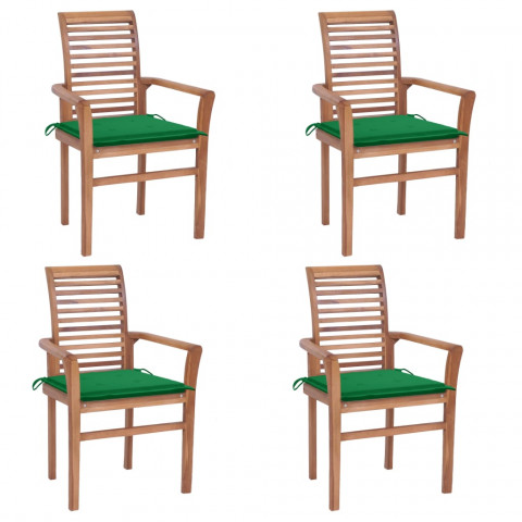 Chaises à dîner 4 pcs avec coussins vert bois de teck solide