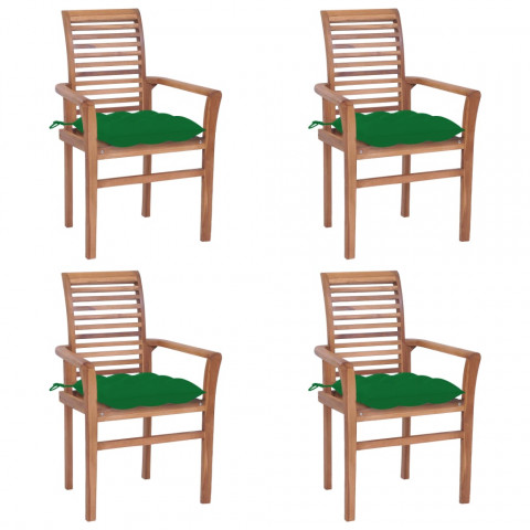 Chaises à dîner 4 pcs avec coussins vert bois de teck solide