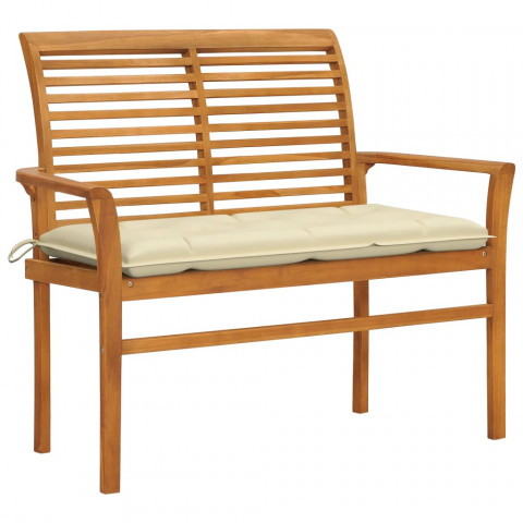 Banc de jardin avec coussin blanc crème 112 cm bois de teck