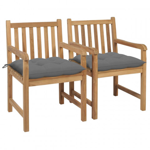 Chaises de jardin 2 pcs avec coussins gris bois de teck massif