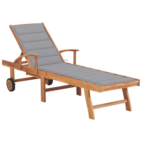 Transat chaise longue bain de soleil lit de jardin terrasse meuble d'extérieur avec coussin gris bois de teck solide helloshop26 02_0012489