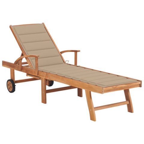 Transat chaise longue bain de soleil lit de jardin terrasse meuble d'extérieur avec coussin beige bois de teck solide helloshop26 02_0012303