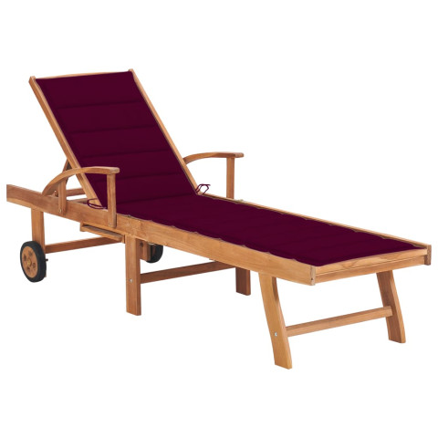 Transat chaise longue bain de soleil lit de jardin terrasse meuble d'extérieur avec coussin rouge bordeaux bois de teck solide helloshop26 02_0012504