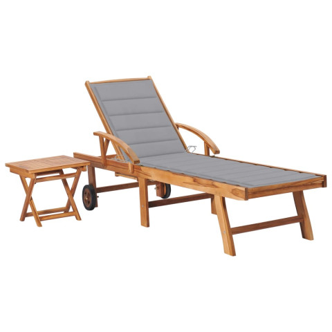 Transat chaise longue bain de soleil lit de jardin terrasse meuble d'extérieur avec table et coussin bois de teck solide helloshop26 02_0012640