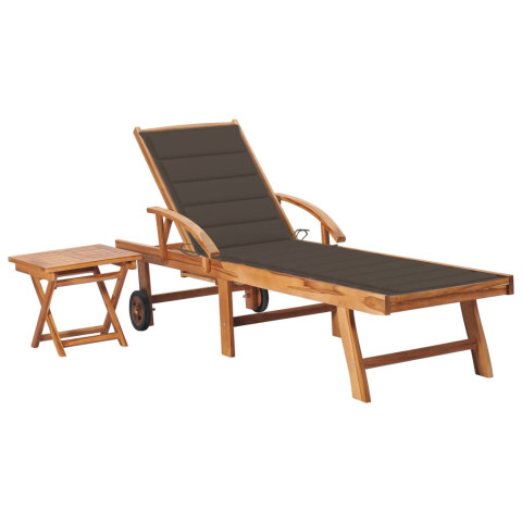 Transat chaise longue bain de soleil lit de jardin terrasse meuble d'extérieur 195 cm avec table et coussin bois de teck solide helloshop26 02_0012639