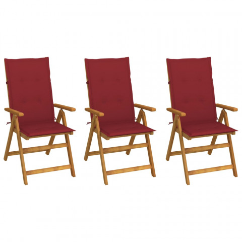 Chaises pliables de jardin 3 pcs avec coussins bois d'acacia rouge bordeaux