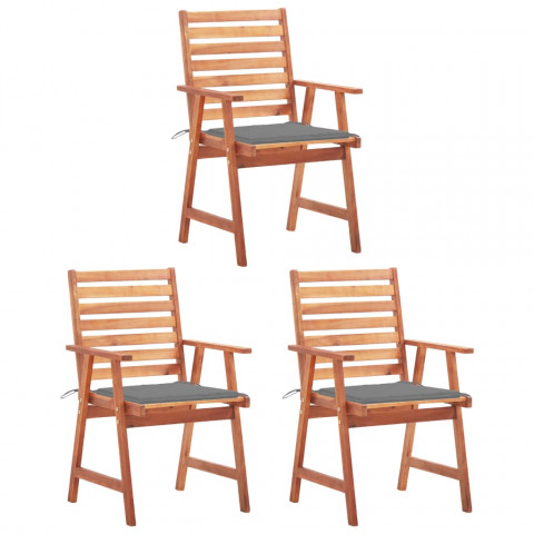 Chaises à dîner d'extérieur 3 pcs avec coussins acacia massif - Gris