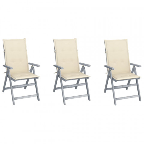 Chaises inclinables de jardin 3 pcs avec coussins bois d'acacia - Crème