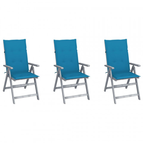 Chaises inclinables de jardin 3 pcs avec coussins bois d'acacia - Bleu