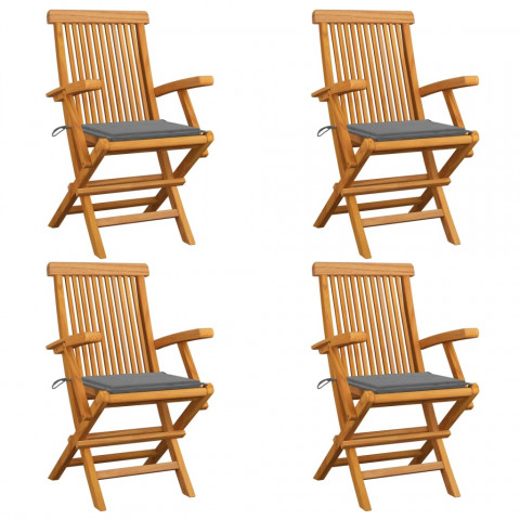 Chaises de jardin avec coussins gris 4 pcs bois de teck massif