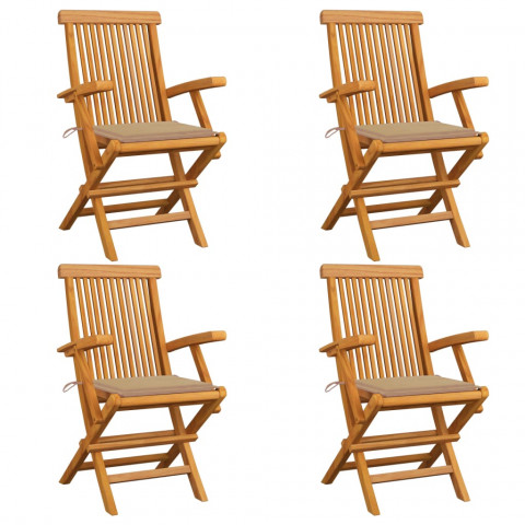 Chaises de jardin avec coussins beige 4 pcs bois de teck massif