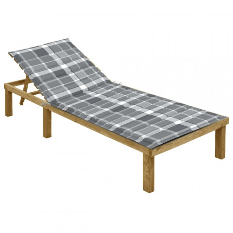 Chaise longue avec coussin carreaux gris bois de pin imprégné