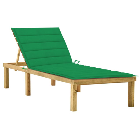 Transat chaise longue bain de soleil lit de jardin terrasse meuble d'extérieur avec coussin vert bois de pin imprégné helloshop26 02_0012539