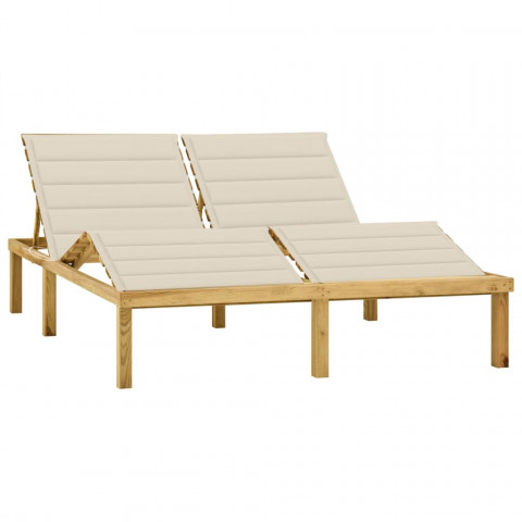 Chaise longue double et coussins crème bois de pin imprégné