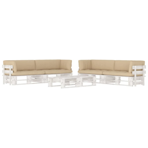 Salon de jardin palette 6 pcs et coussins pin imprégné de blanc