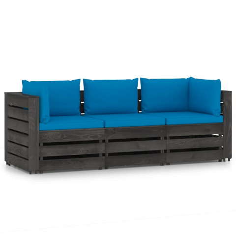 Canapé de jardin 3 places avec coussins bois imprégné de gris bleu clair
