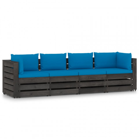 Canapé de jardin 4 places avec coussins bois imprégné de gris bleu clair