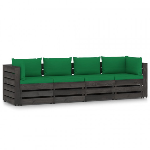 Canapé de jardin 4 places avec coussins bois imprégné de gris vert