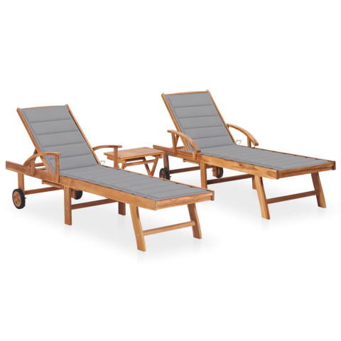 Lot de 2 transats chaise longue bain de soleil lit de jardin terrasse meuble d'extérieur avec table et coussin bois de teck solide helloshop26 02_0012089