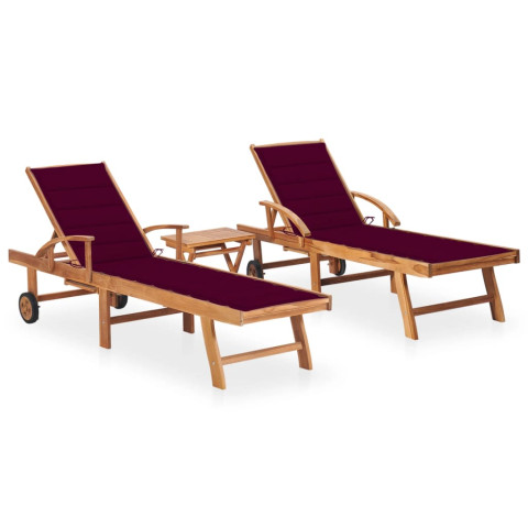 Lot de 2 transats chaise longue bain de soleil lit de jardin terrasse meuble d'extérieur avec table et coussin bois de teck solide helloshop26 02_0012087