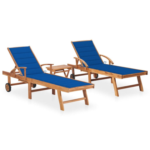 Lot de 2 transats chaise longue bain de soleil lit de jardin terrasse meuble d'extérieur avec table et coussin bois de teck solide helloshop26 02_0012093