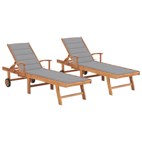Lot de 2 transats chaise longue bain de soleil lit de jardin terrasse meuble d'extérieur avec coussin gris bois de teck solide helloshop26 02_0012032