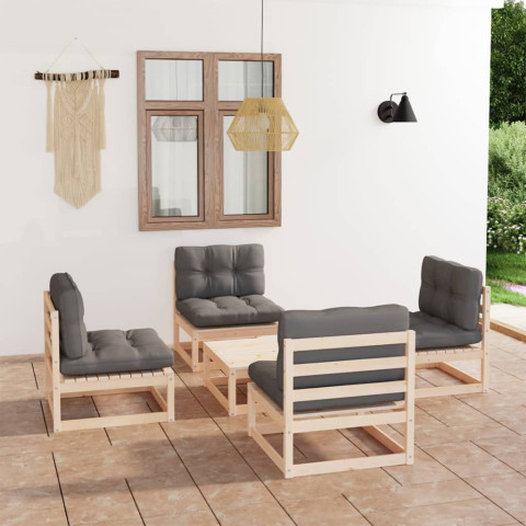 salon de jardin 5 pcs avec coussins bois de pin massif