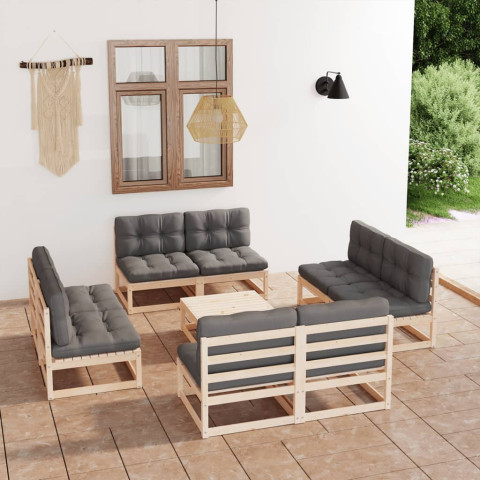 Salon de jardin 9 pcs avec coussins bois de pin massif