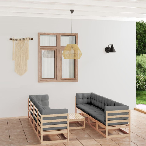 salon de jardin 9 pcs avec coussins bois de pin massif