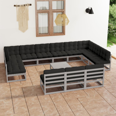 salon de jardin 14 pcs avec coussins gris bois de pin massif