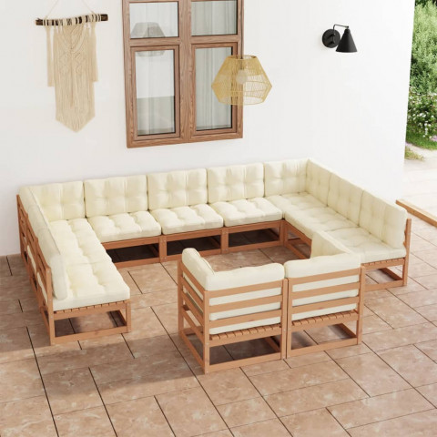 Salon de jardin 11 pcs avec coussins marron miel bois de pin