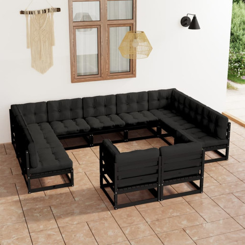 Salon de jardin 11 pcs avec coussins noir bois de pin massif