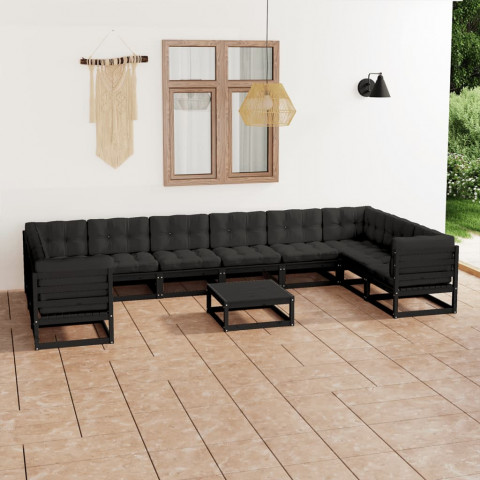 Salon de jardin 11 pcs avec coussins noir bois de pin massif