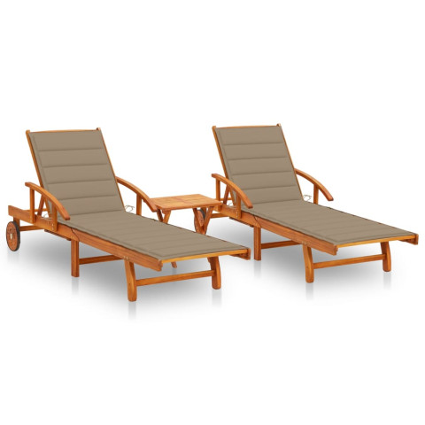 Lot de 2 transats chaise longue bain de soleil lit de jardin terrasse meuble d'extérieur avec table et coussins acacia solide helloshop26 02_0012112