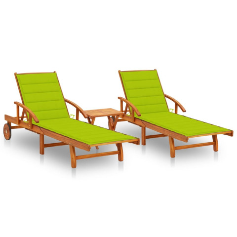 Lot de 2 transats chaise longue bain de soleil lit de jardin terrasse meuble d'extérieur avec table et coussins acacia solide helloshop26 02_0012097