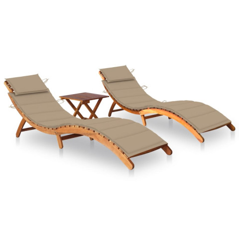 Lot de 2 transats chaise longue bain de soleil lit de jardin terrasse meuble d'extérieur avec table et coussins acacia solide helloshop26 02_0012122