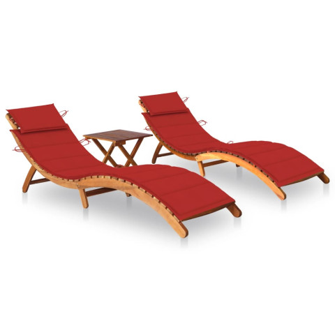 Lot de 2 transats chaise longue bain de soleil lit de jardin terrasse meuble d'extérieur avec table et coussins acacia solide helloshop26 02_0012099