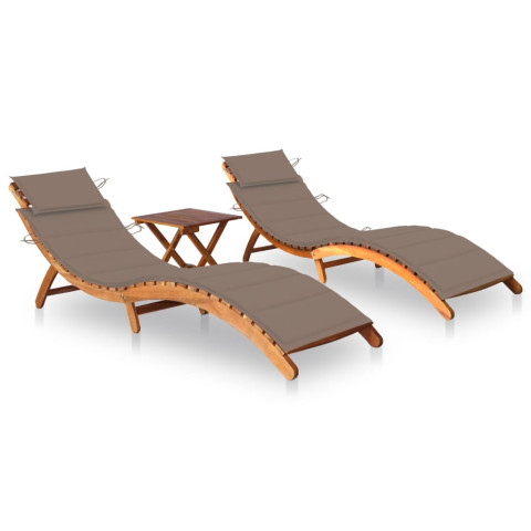 Lot de 2 transats chaise longue bain de soleil lit de jardin terrasse meuble d'extérieur avec table et coussins acacia solide helloshop26 02_0012106