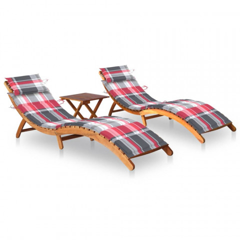 Chaises longues 2 pcs avec table et coussins acacia solide