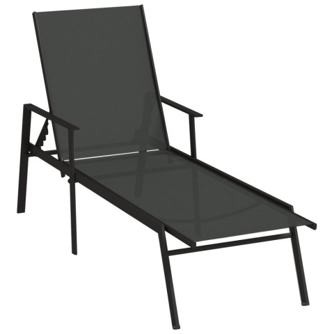Transat chaise longue bain de soleil lit de jardin terrasse meuble d'extérieur acier et tissu textilène noir helloshop26 02_0012250