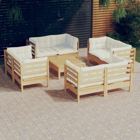 Salon de jardin 9 pcs avec coussins bois de pin - Couleur au choix